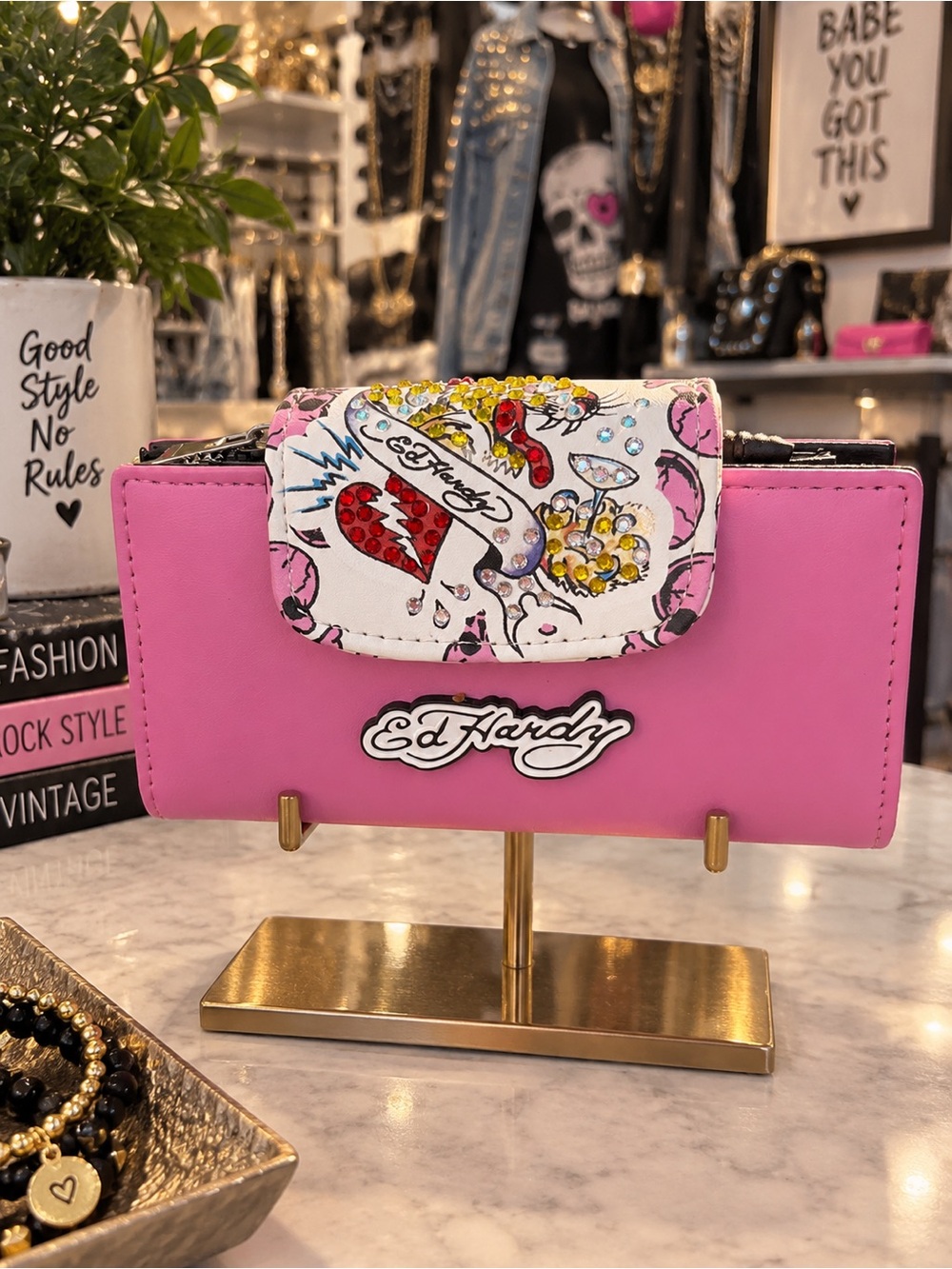 Ed Hardy Pink Women's Wallet with Embellished Flap NWT